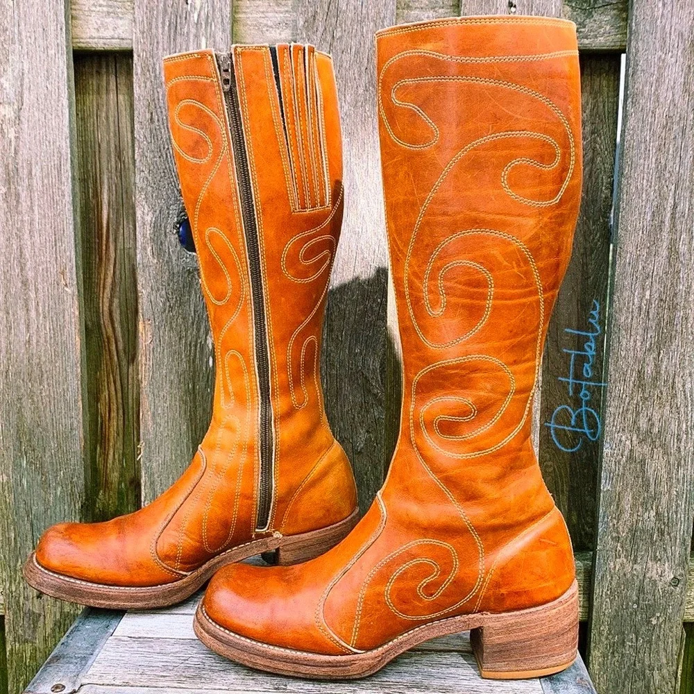Sold FRYE True Vintage Campus Swirl Embroidery Zippered Tall Knee High Boots 7.5 - Picture 1 of 15